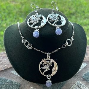 Set ! Fairy moon blue angelite gemstones beads necklace + matching earrings boho